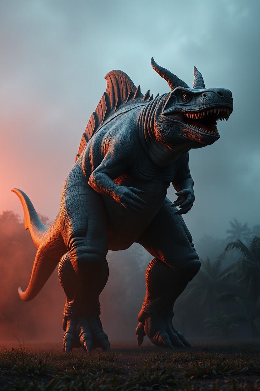 A towering anthropomorphic hybrid creature standing in a jungle clearing at dusk