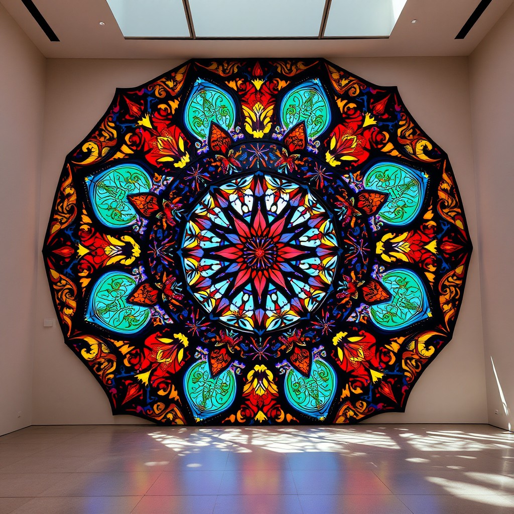 A stunning museum installation of Turkic-inspired stained glass, featuring intricate geometric patterns that create a breathtaking display of glowing light streaming through vibrant colored glass