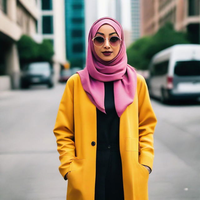 A fashionable hijabi woman confidently wearing modern, vibrant streetwear set in an urban landscape.