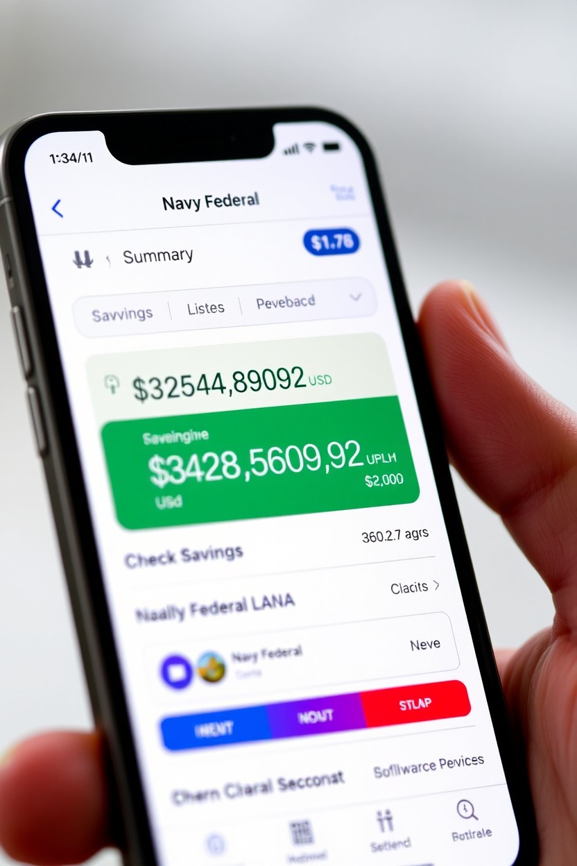 A realistic bank account screenshot displayed on an iPhone 16 Pro Max screen, featuring the Navy Federal mobile banking interface