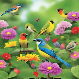 A verdant garden teeming with a variety of colorful flowers and lush greenery, where a group of vibrant, chirping birds gather, complementing the serene beauty of the garden.