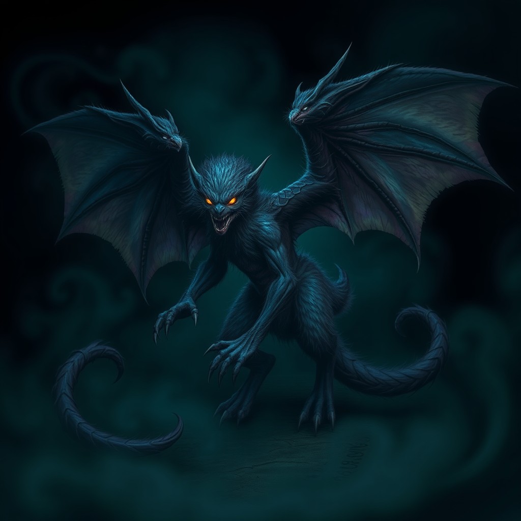 A terrifying nightmare creature with large, ominous wings, a long, menacing tail, and fur covering its body