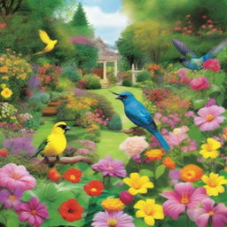 A verdant garden teeming with a variety of colorful flowers and lush greenery, where a group of vibrant, chirping birds gather, complementing the serene beauty of the garden.