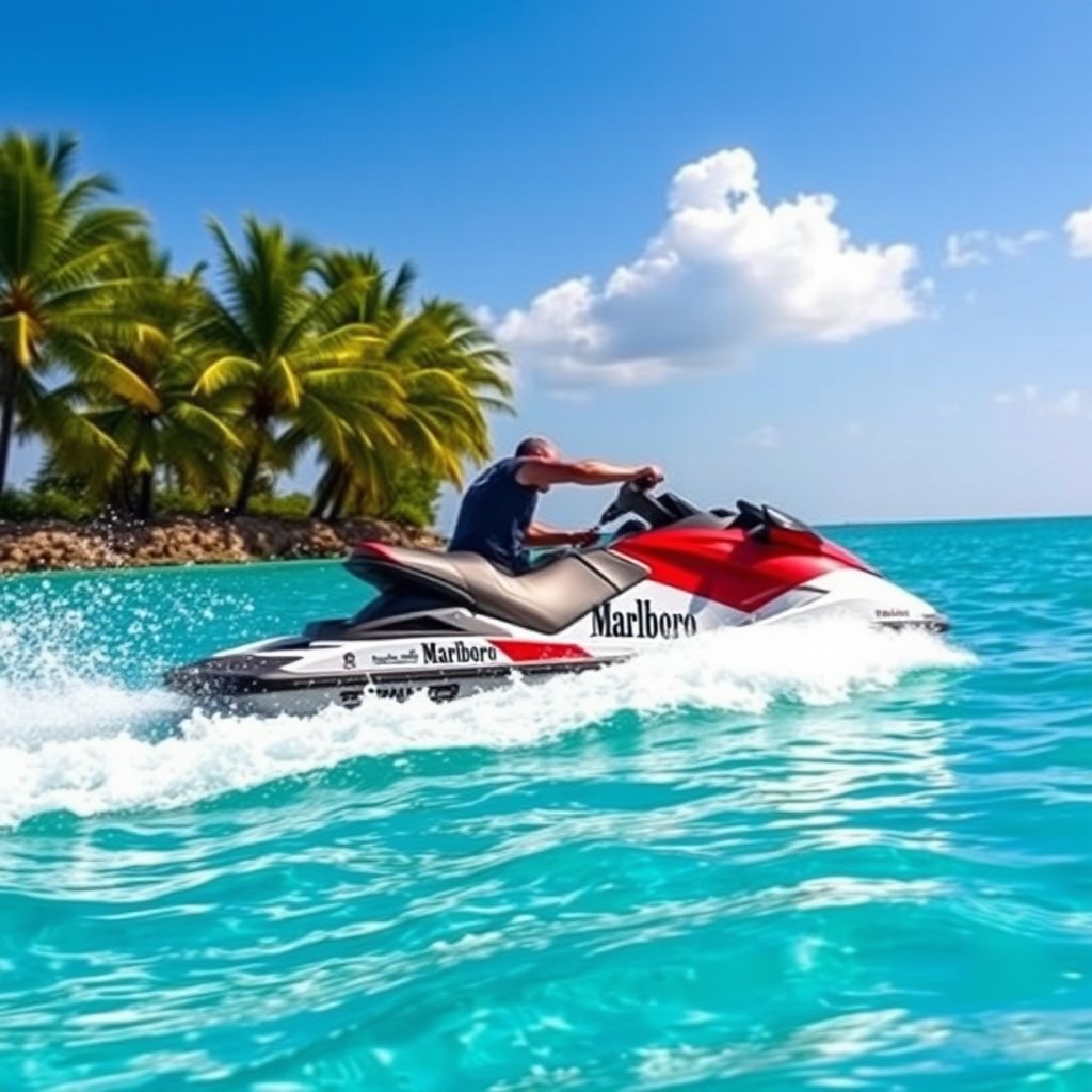 A powerful, sleek jet ski racing across crystal-clear turquoise waters, adorned with the iconic Marlboro logo