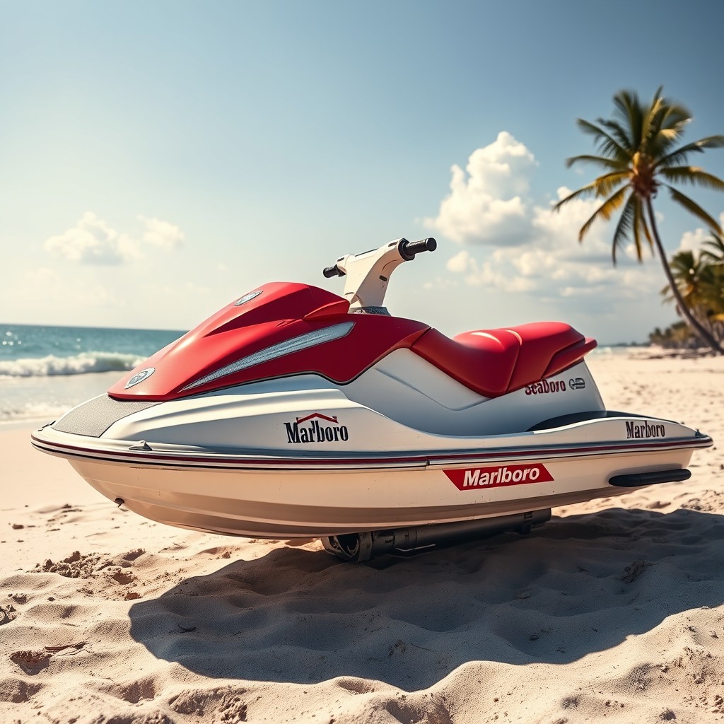 A vintage 1997 Sea-Doo jet ski featuring the classic Marlboro branding, prominently displayed in bold red and white colors