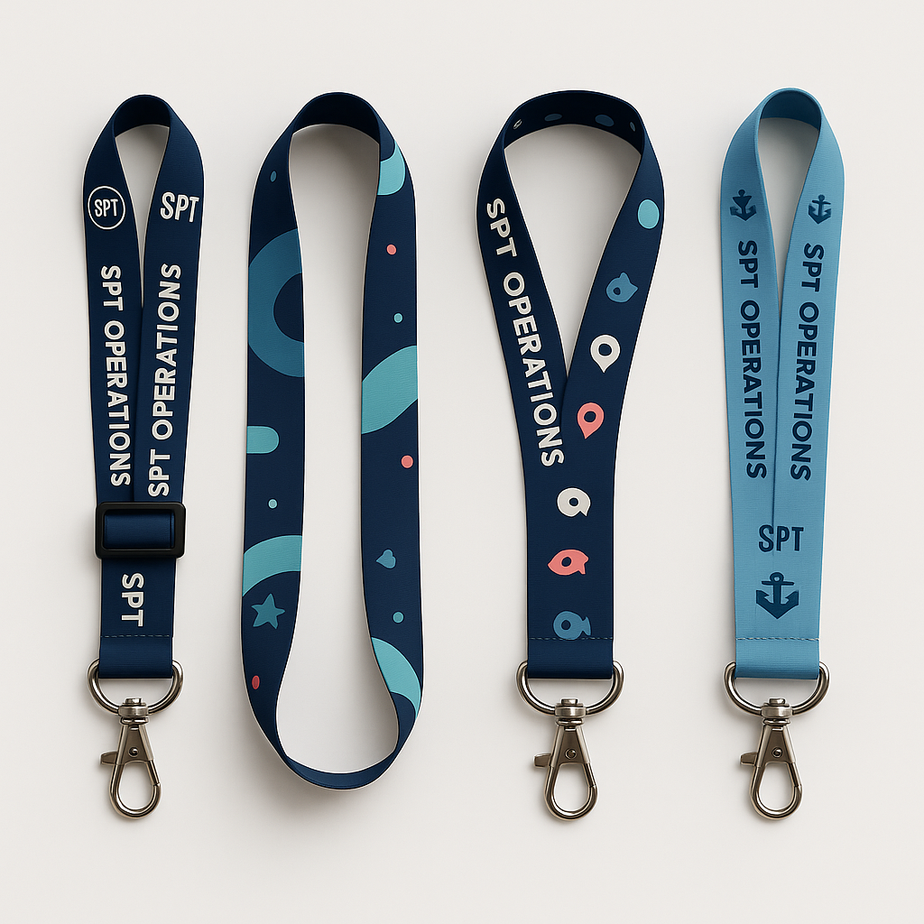 A collection of four innovative and colorful lanyards displayed neatly on a white background