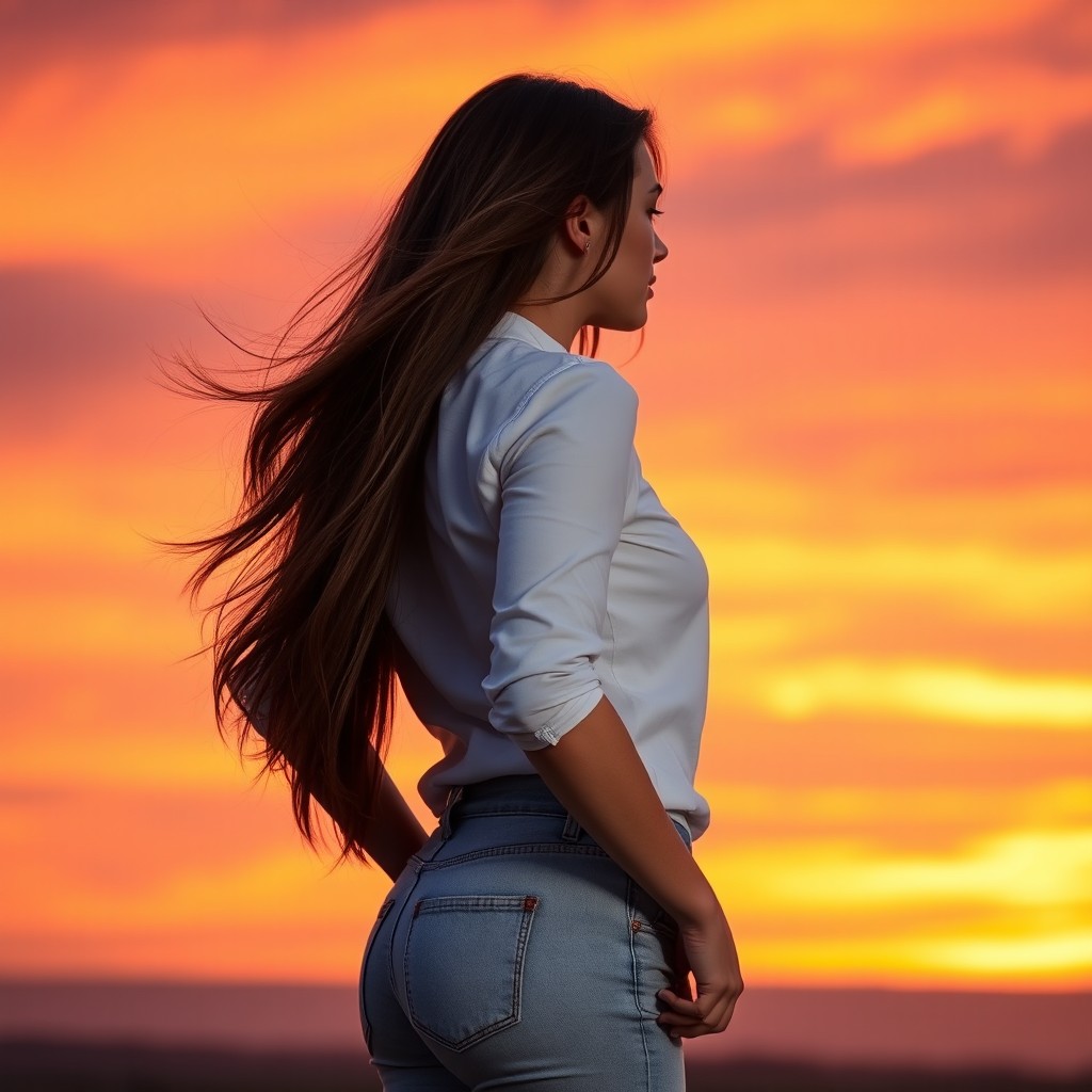 A 37-year-old woman with a middle athletic body, wearing a crisp white shirt and light blue jeans