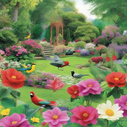 A verdant garden teeming with a variety of colorful flowers and lush greenery, where a group of vibrant, chirping birds gather, complementing the serene beauty of the garden.