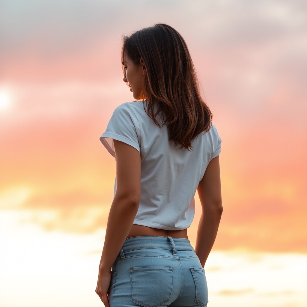 A natural photograph of a 37-year-old woman with a middle athletic body, wearing a crisp white shirt and light blue jeans