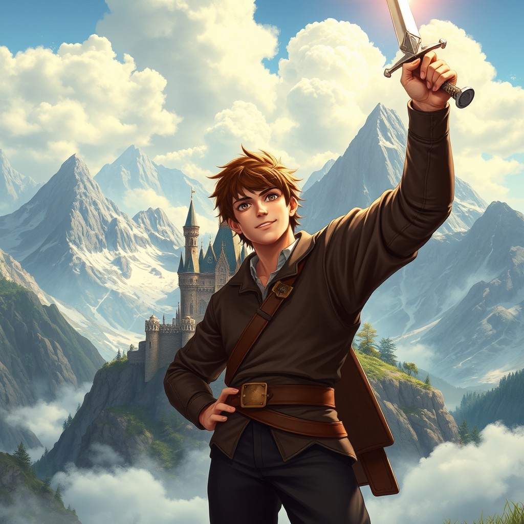 A stunning fantasy landscape showcasing a majestic castle nestled in the mountains, surrounded by a breathtaking backdrop of towering peaks and fluffy clouds