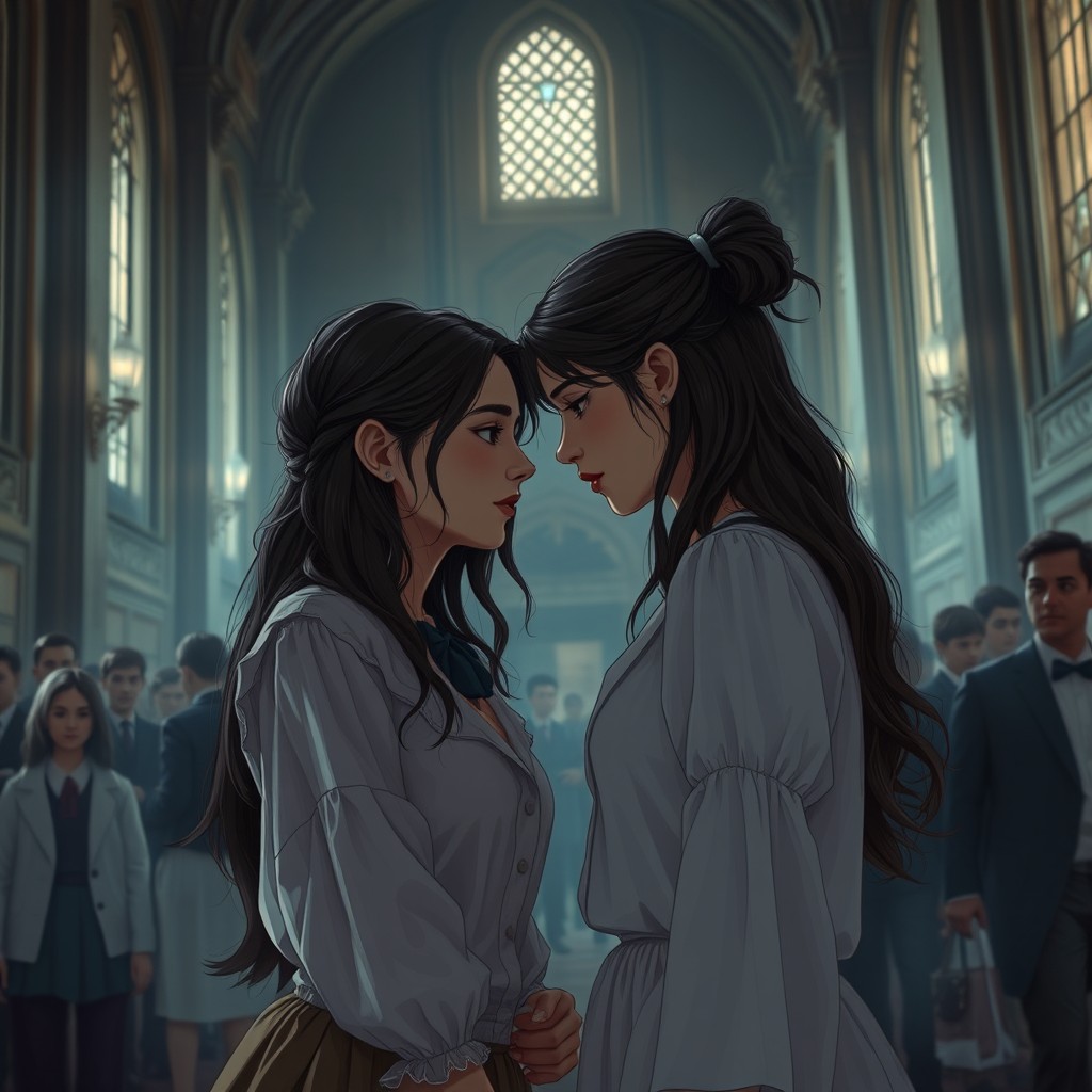 A poignant scene set in an exclusive boarding school, capturing the tension between two young women, Serena and Nayla