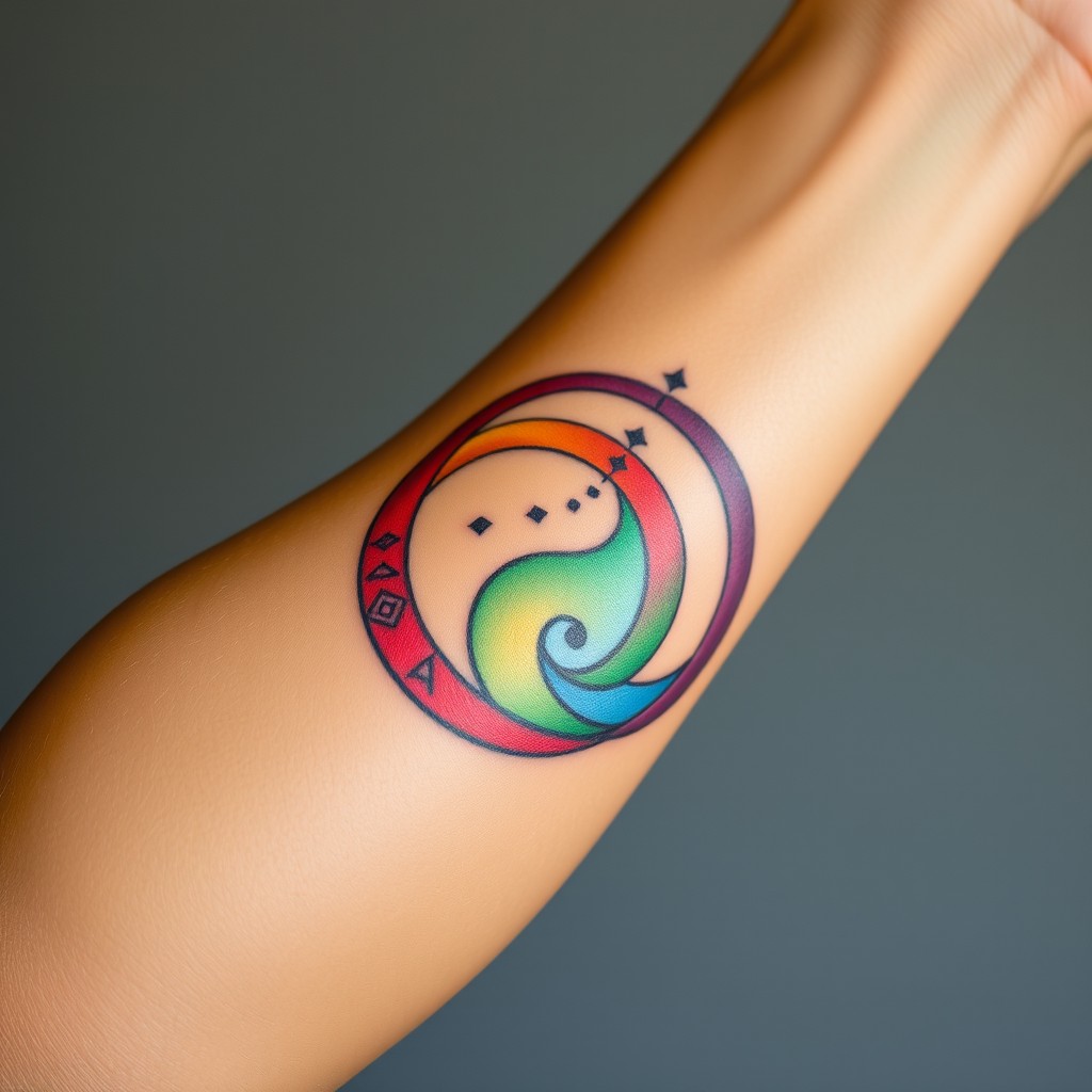 A close-up view of a human arm featuring an intricate, colorful rainbow tattoo that spirals around the bicep