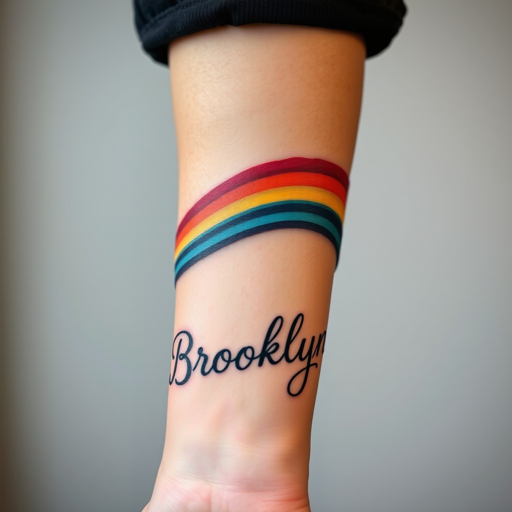 A close-up of a human arm displaying a vibrant, natural rainbow tattoo wrapped around the forearm