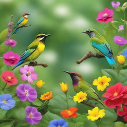 A verdant garden teeming with a variety of colorful flowers and lush greenery, where a group of vibrant, chirping birds gather, complementing the serene beauty of the garden.