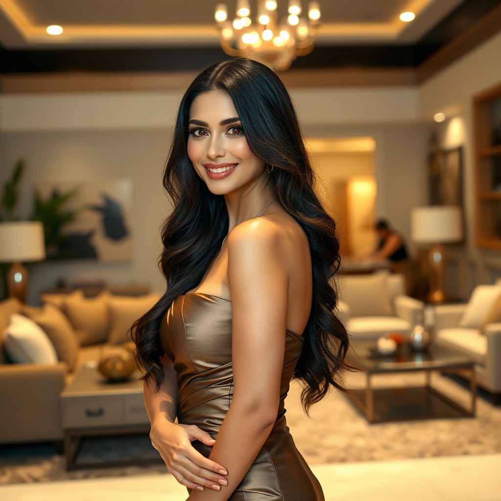 A stunningly beautiful woman with long, flowing dark hair, wearing an elegant and form-fitting evening gown