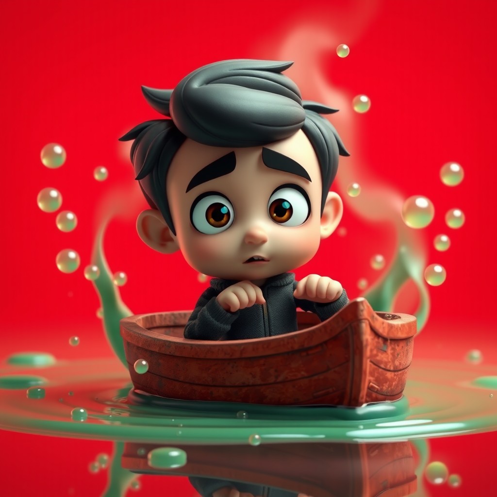 A whimsical, 3D cartoonish scene featuring a character named Jonas in a small boat