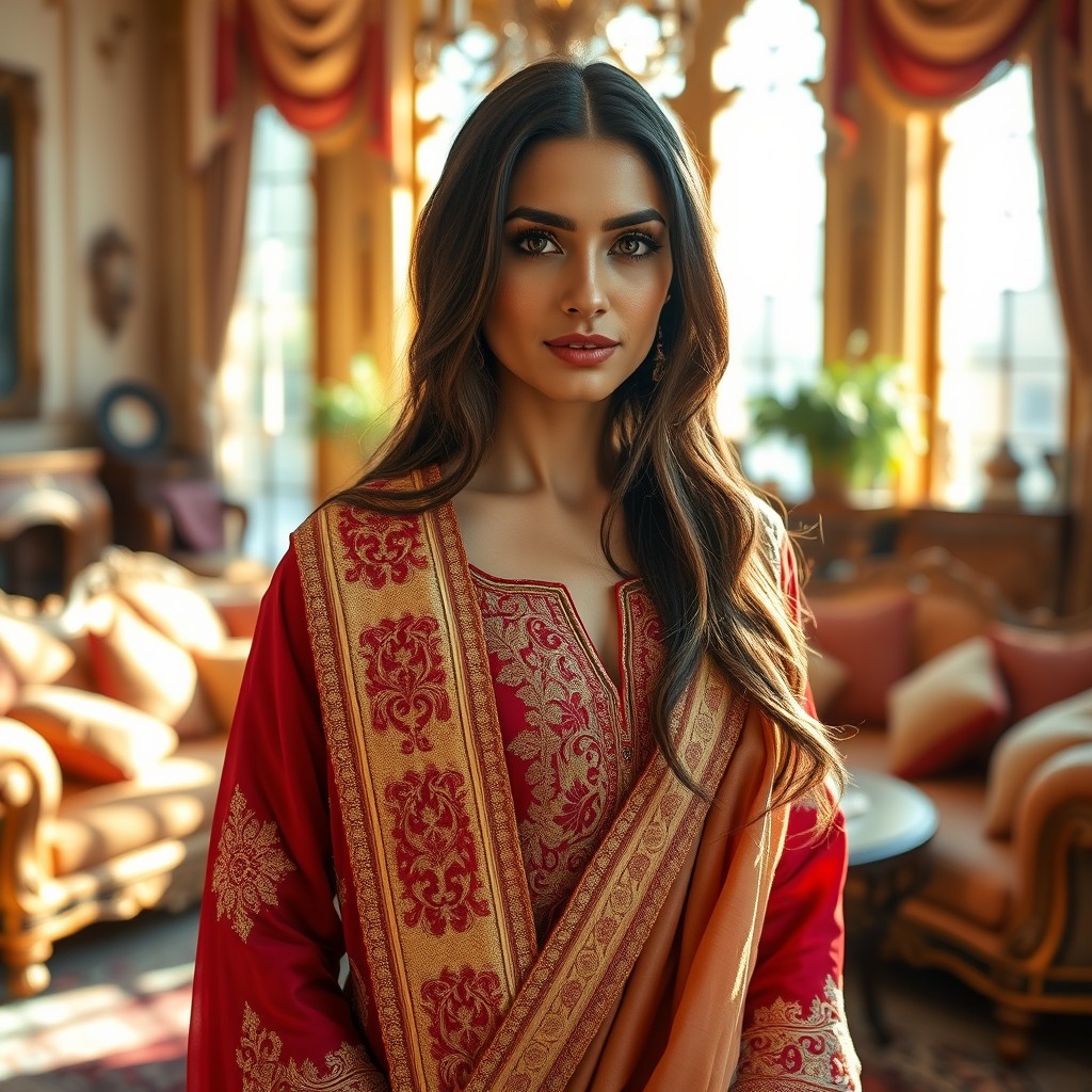 A stunningly beautiful Arab stepmother, with long dark hair and captivating brown eyes, draped in an elegant traditional outfit featuring intricate embroidery