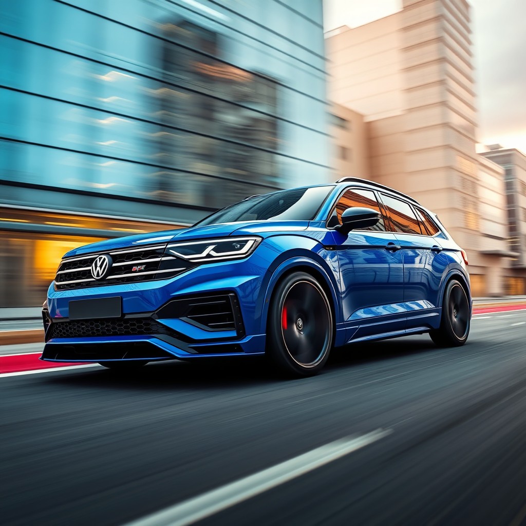 A stunning and dynamic image of a 2024 Volkswagen Virtus in a striking racing blue color, equipped with an aggressive body kit that enhances its sporty appearance