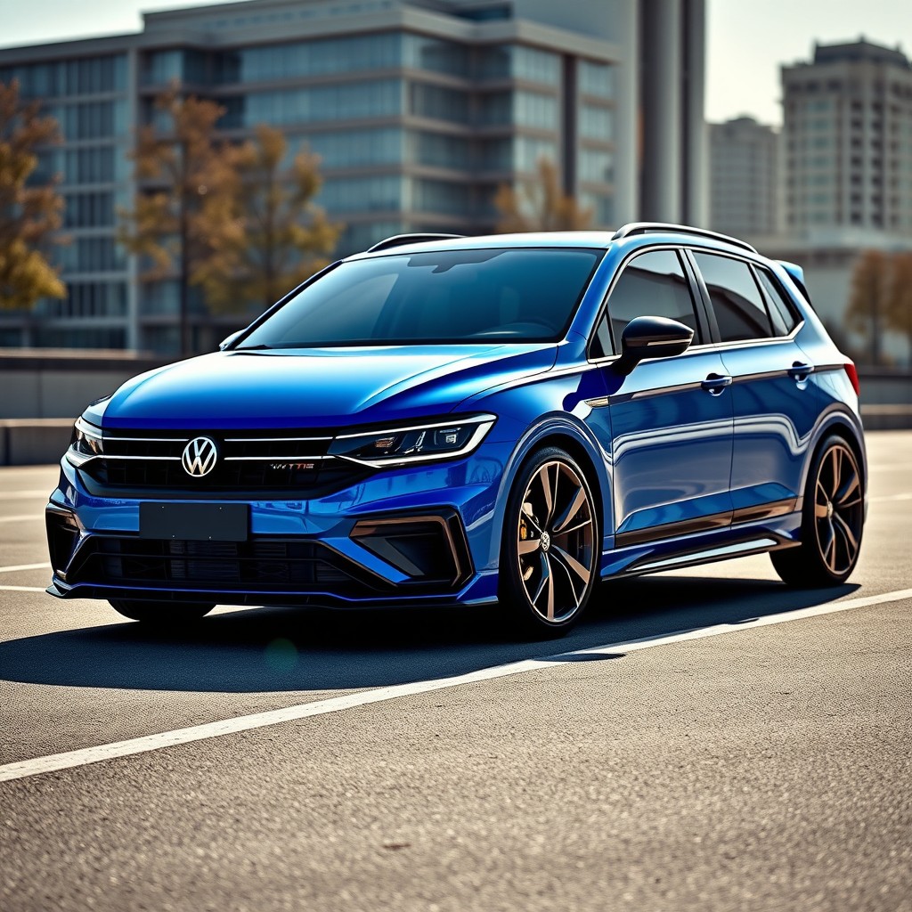 A 2024 Volkswagen Virtus painted in a striking racing blue (azul racing), featuring an aggressive body kit that enhances its sporty aesthetics