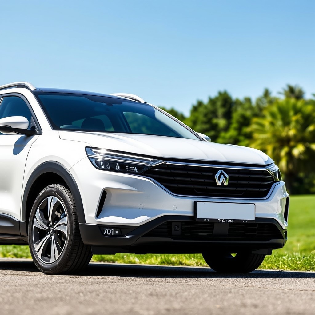 A sleek, modern T-Cross car in a striking white exterior featuring a silver roof