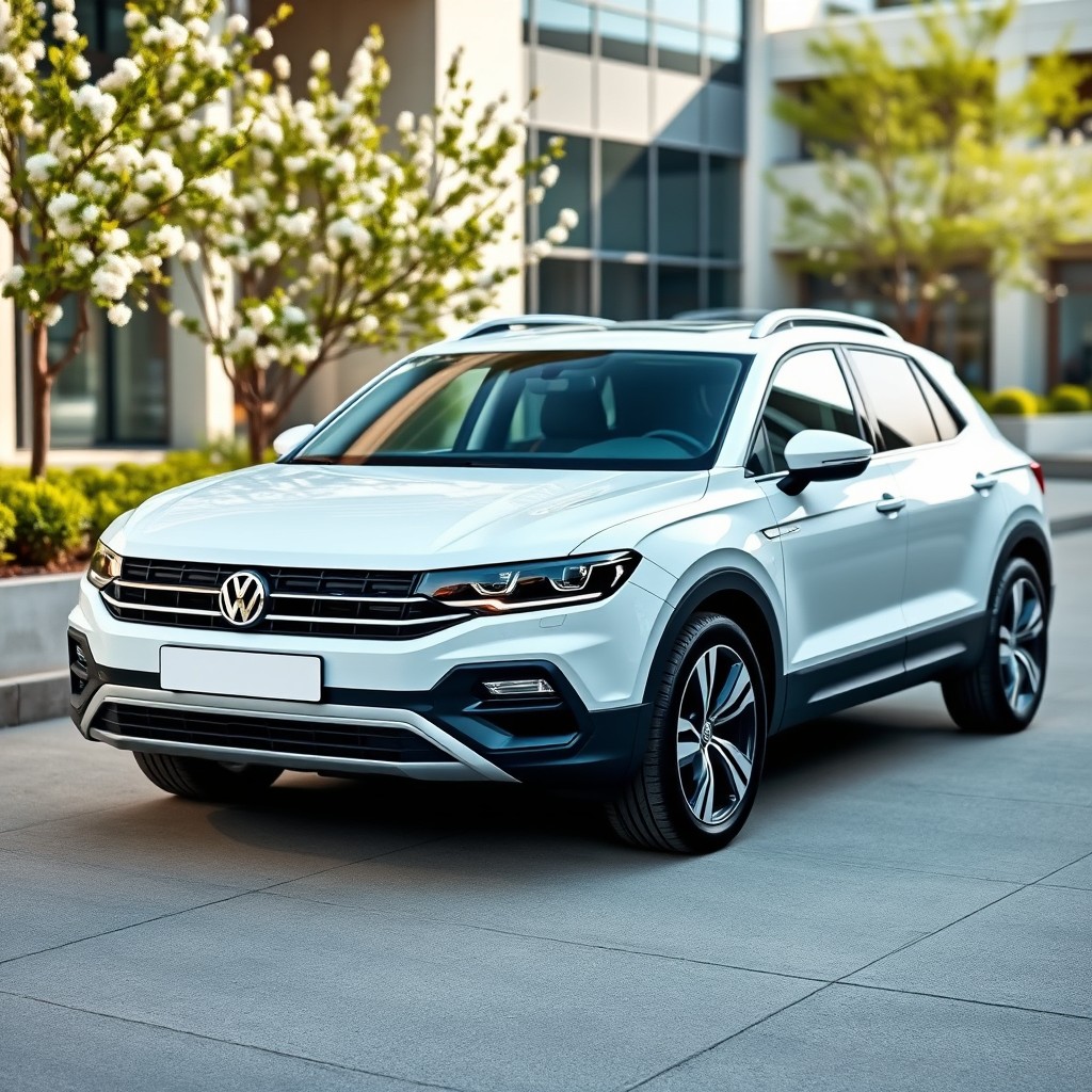 A stylish white Volkswagen T-Cross featuring a sleek silver roof, parked elegantly in an urban setting