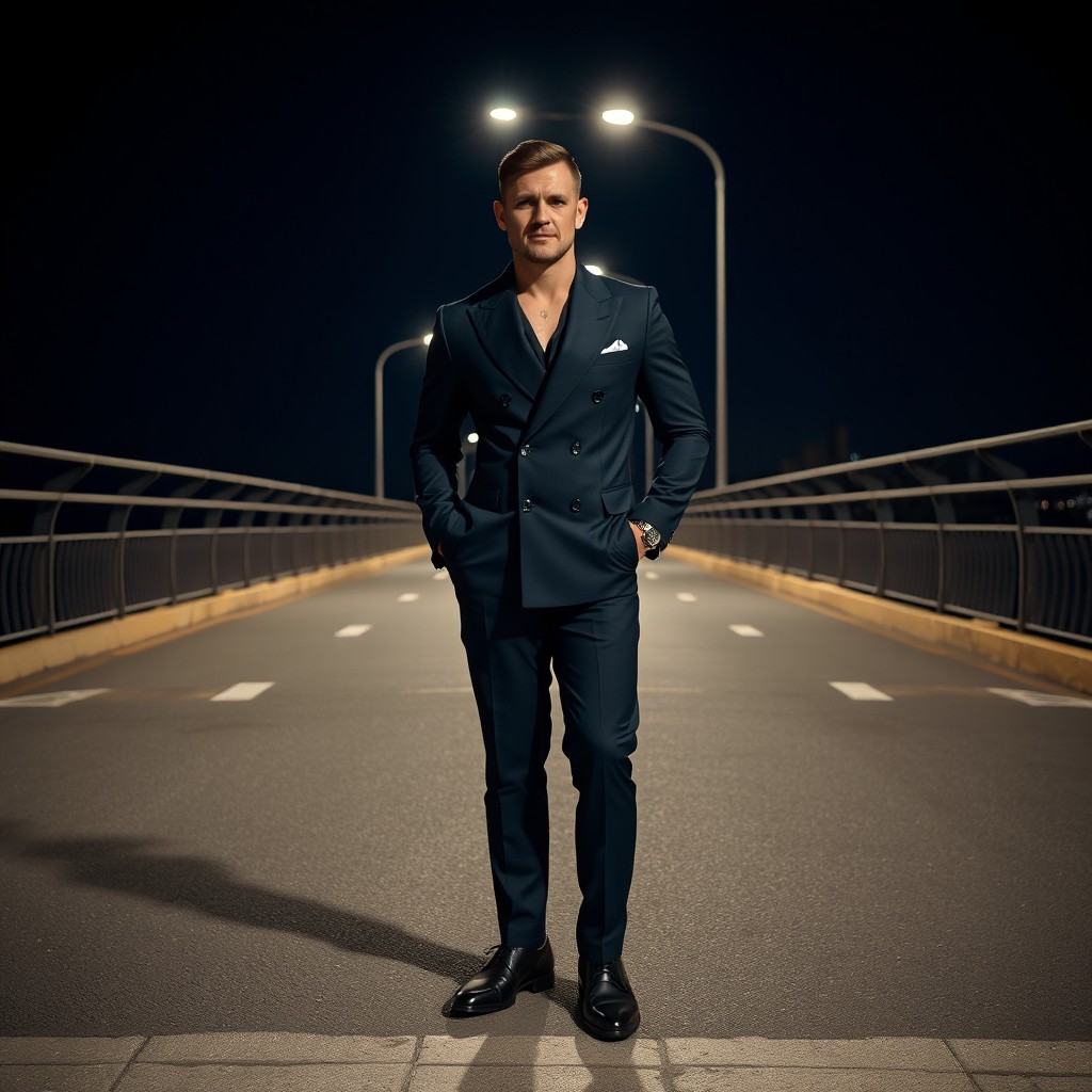 A confident man standing on a zebra crossing at night on the Sydney Harbour Bridge, wearing a black and navy blue 1920s Godfather-style vintage luxury suit with sharp shoulders, wide lapels, and a double-breasted cut
