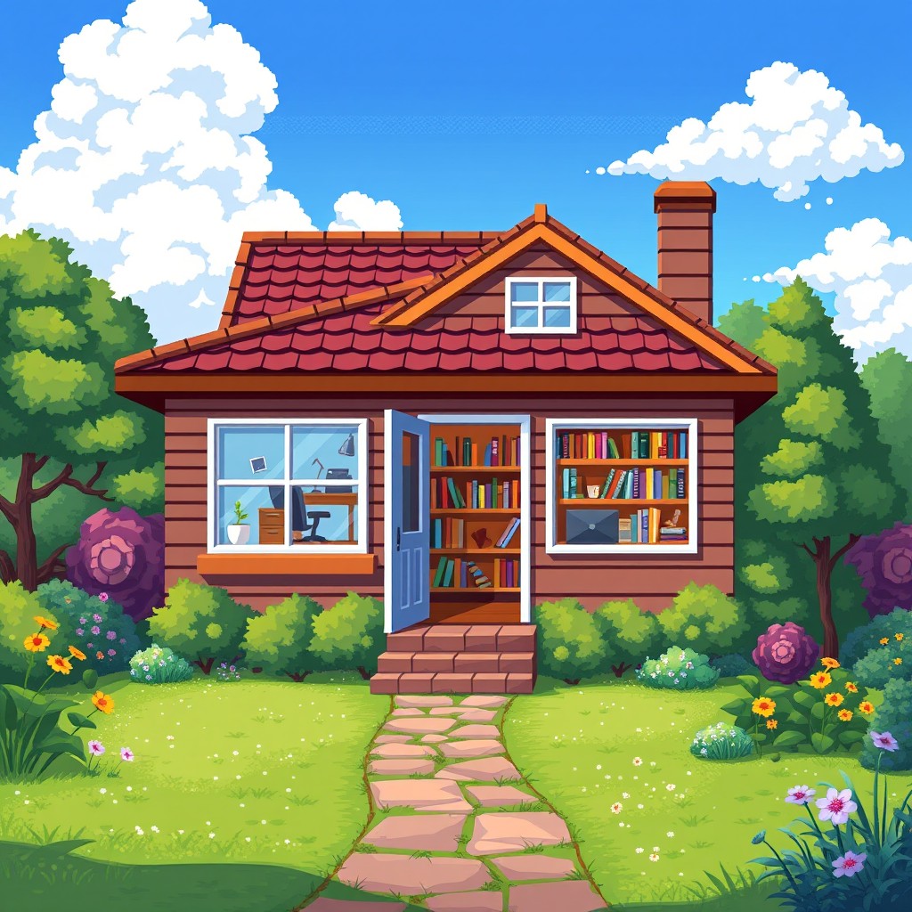 A vibrant pixel art depiction of a cozy office house, featuring a charming exterior with windows, a sloping roof, and a welcoming front door