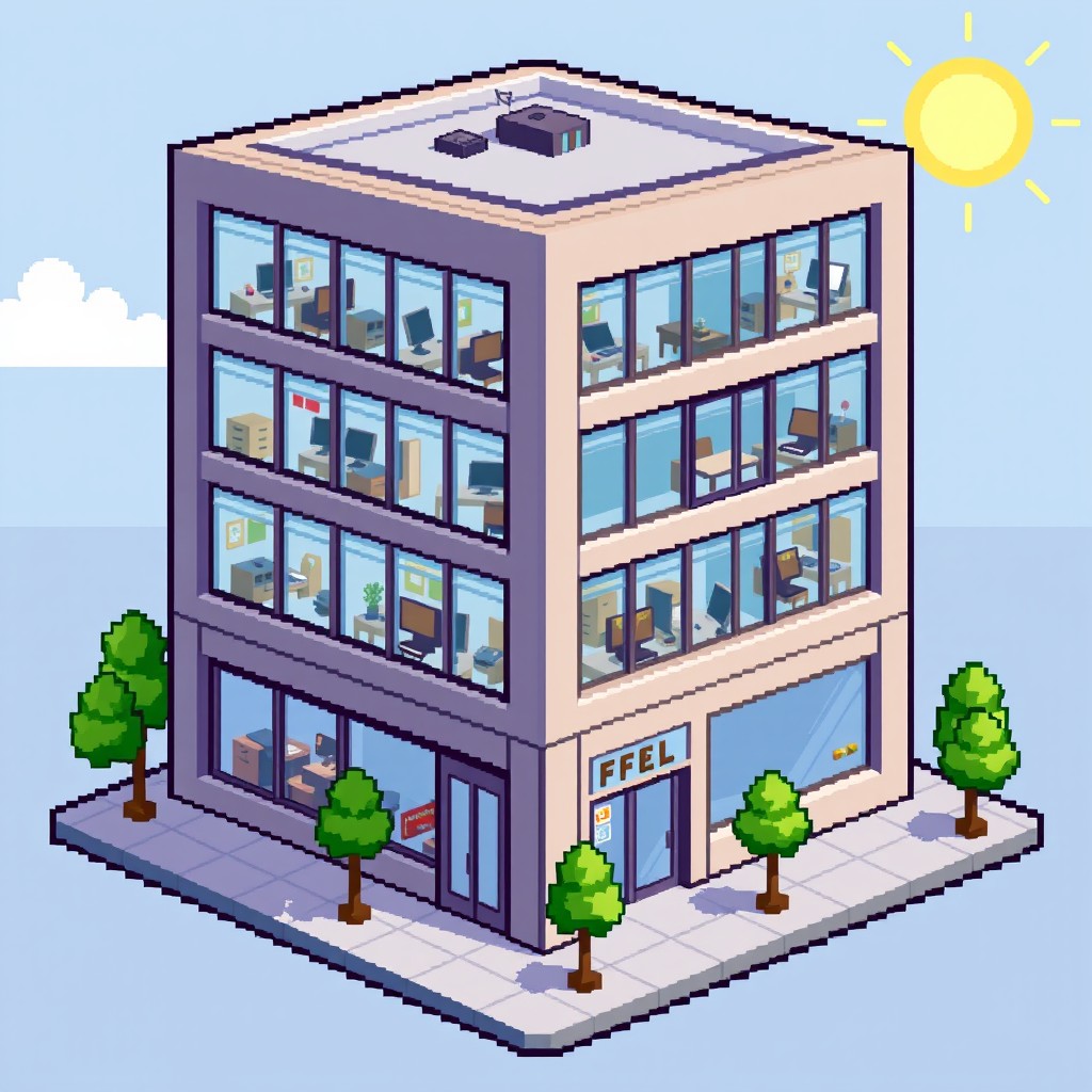 A detailed 32x32 pixel art representation of an office building