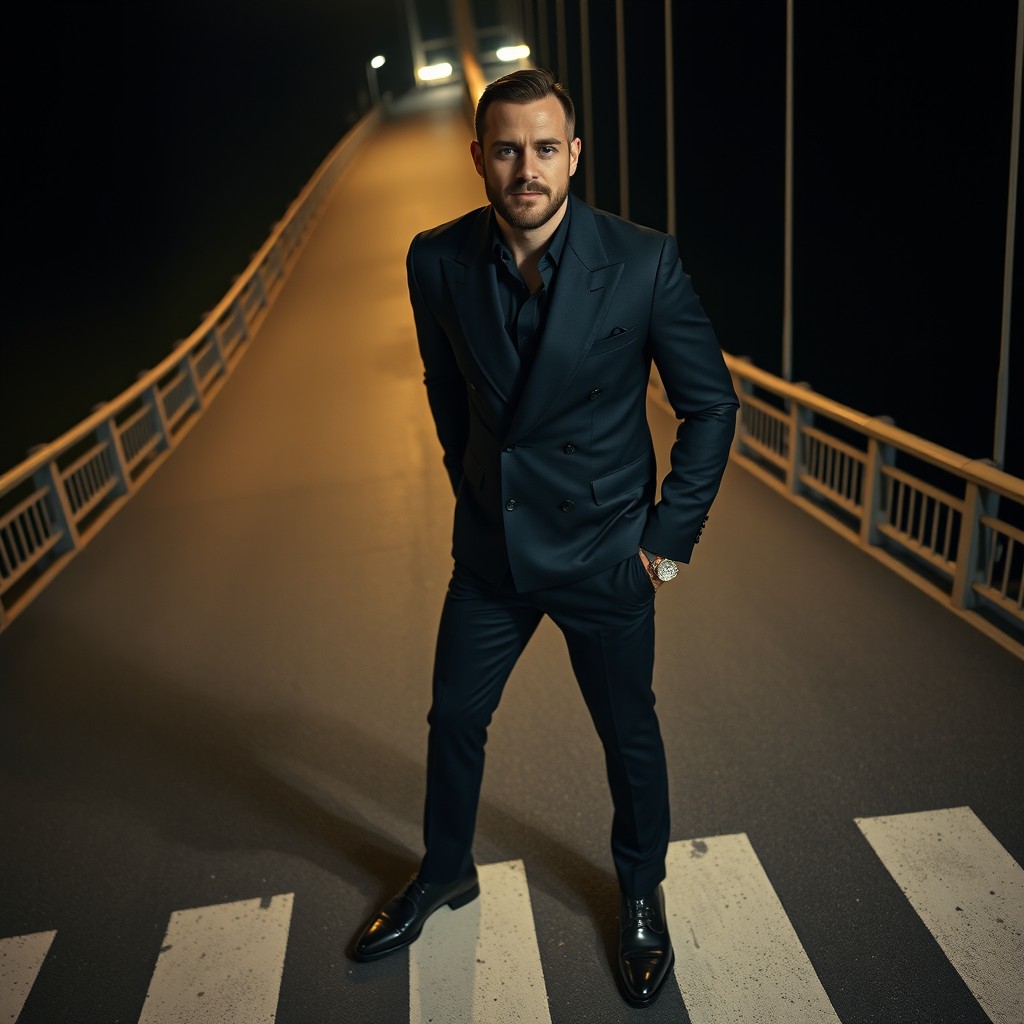 Cinematic overhead shot of a confident man standing on a zebra crossing at night on the Sydney Harbour Bridge