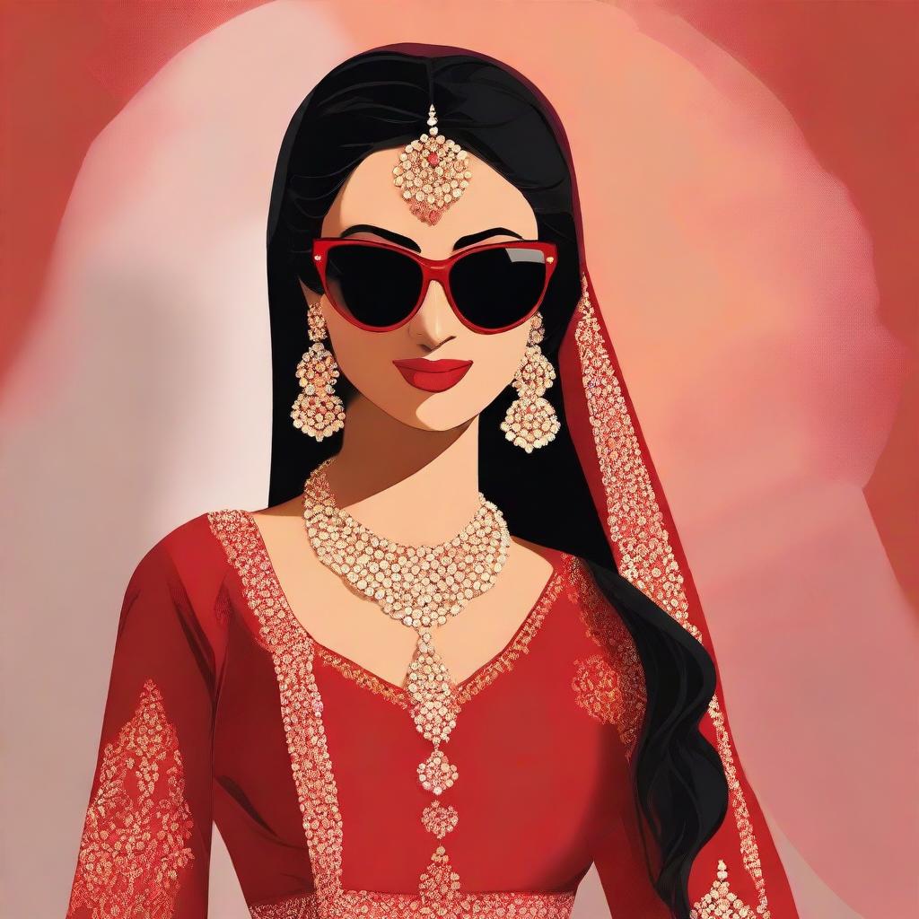 Animated image depicting a cool South Asian (Desi) bride dressed in a vibrant red lehenga and sporting black sunglasses.