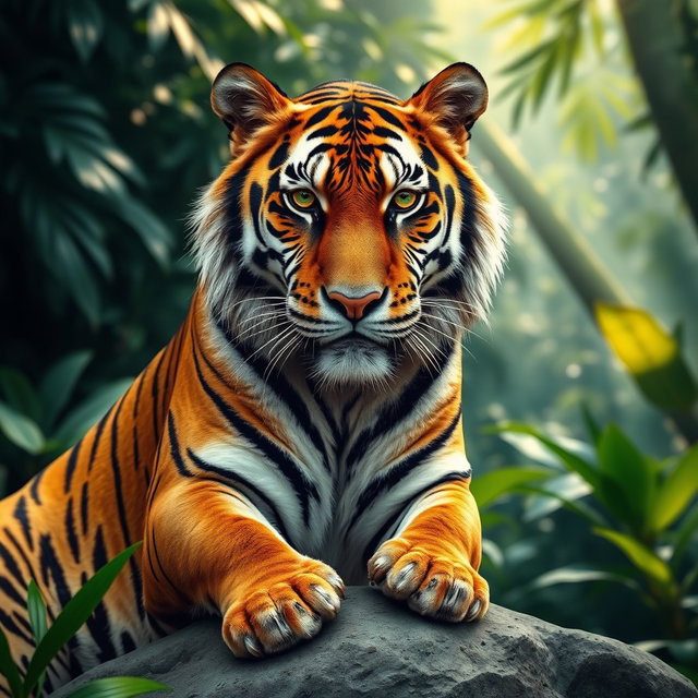 A stunning portrait of a majestic tiger with vibrant orange and black stripes, piercing green eyes, and a serene expression