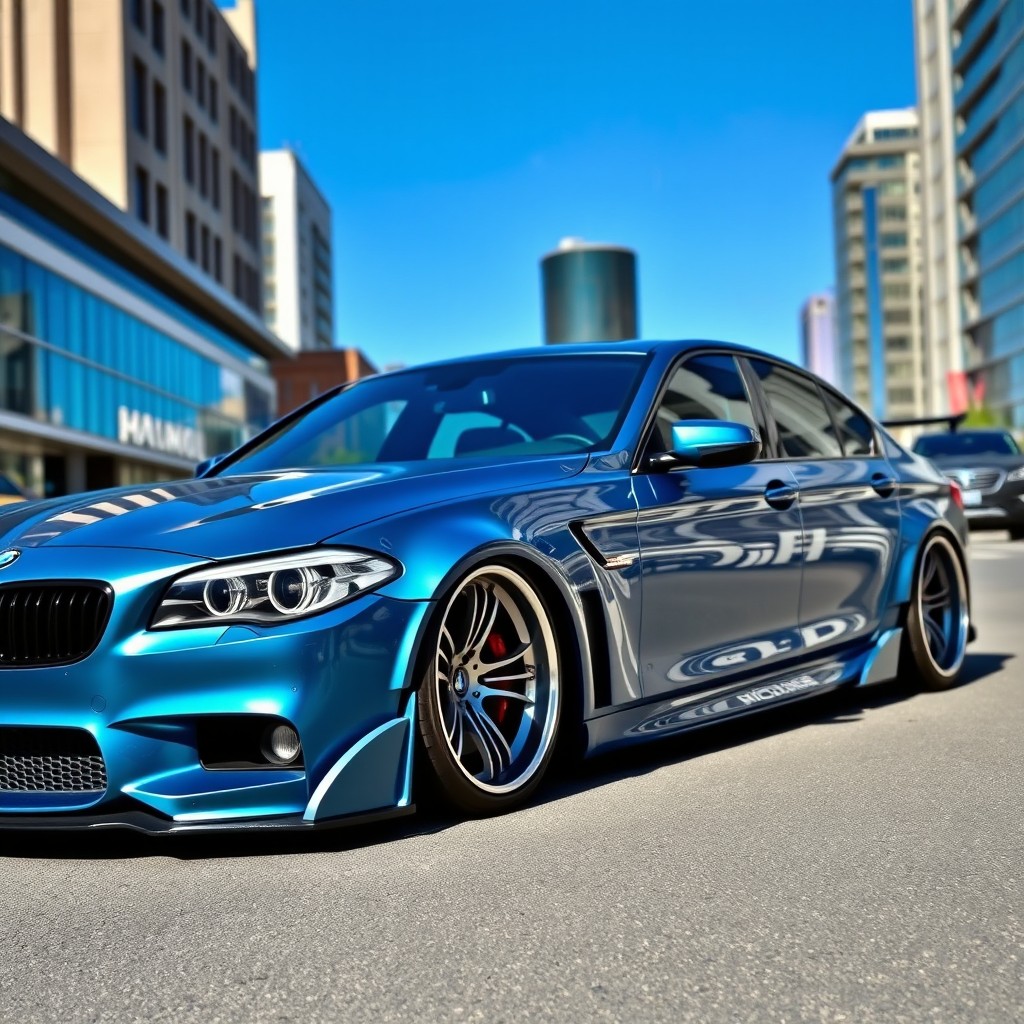 A sleek, modified BMW 545i featuring an aggressive widebody kit that enhances its sporty aesthetic