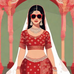 Animated image depicting a cool South Asian (Desi) bride dressed in a vibrant red lehenga and sporting black sunglasses.