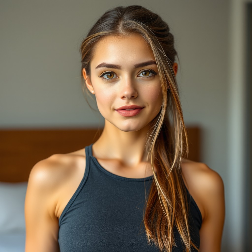 A short woman with a height of approximately 155 cm, featuring an athletic and slim physique