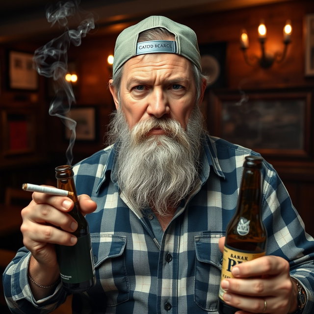 A grumpy middle-aged man around 50 years old, with a slightly rugged appearance, holding a cigarette in one hand and a beer bottle in the other
