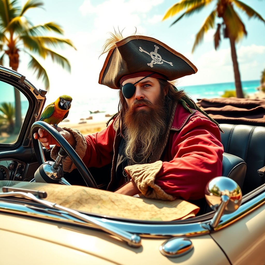 A hyper-realistic image of a rugged pirate at the wheel of a vintage convertible car, with a tattered pirate hat and a rugged beard