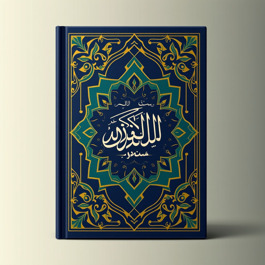 A beautifully designed book cover featuring an intricate geometric pattern inspired by Islamic art, with rich colors such as deep blue, gold, and emerald green