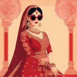 Animated image depicting a cool South Asian (Desi) bride dressed in a vibrant red lehenga and sporting black sunglasses.