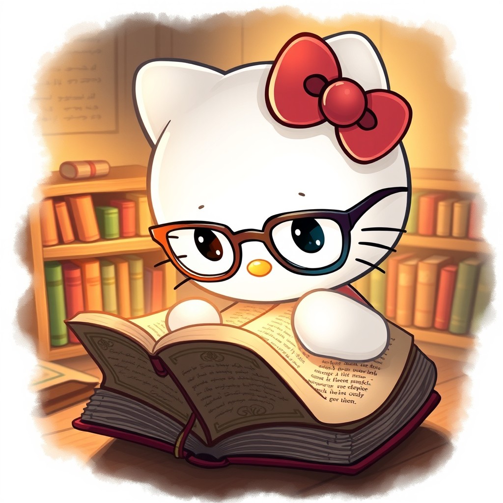 A cute illustration of Hello Kitty wearing stylish glasses, deeply focused while reading an ancient book