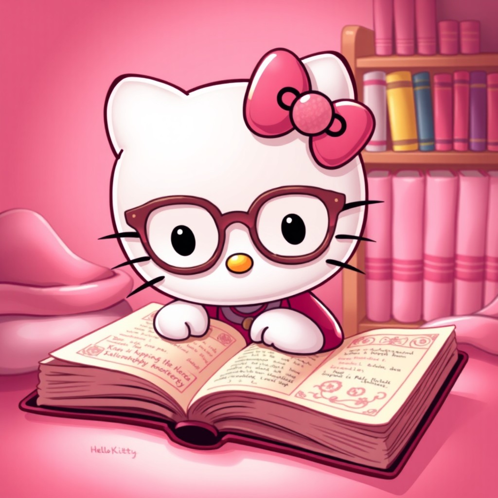 A cute illustration of Hello Kitty wearing stylish glasses, deeply focused while reading an ancient book, surrounded by a predominantly pink color palette
