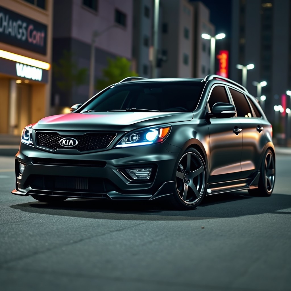 A highly customized 2011 Kia K5, showcasing an aggressive style with a matte black exterior, lowered suspension for a sporty look, and sleek alloy wheels