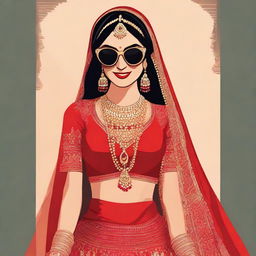 Animated image depicting a cool South Asian (Desi) bride dressed in a vibrant red lehenga and sporting black sunglasses.