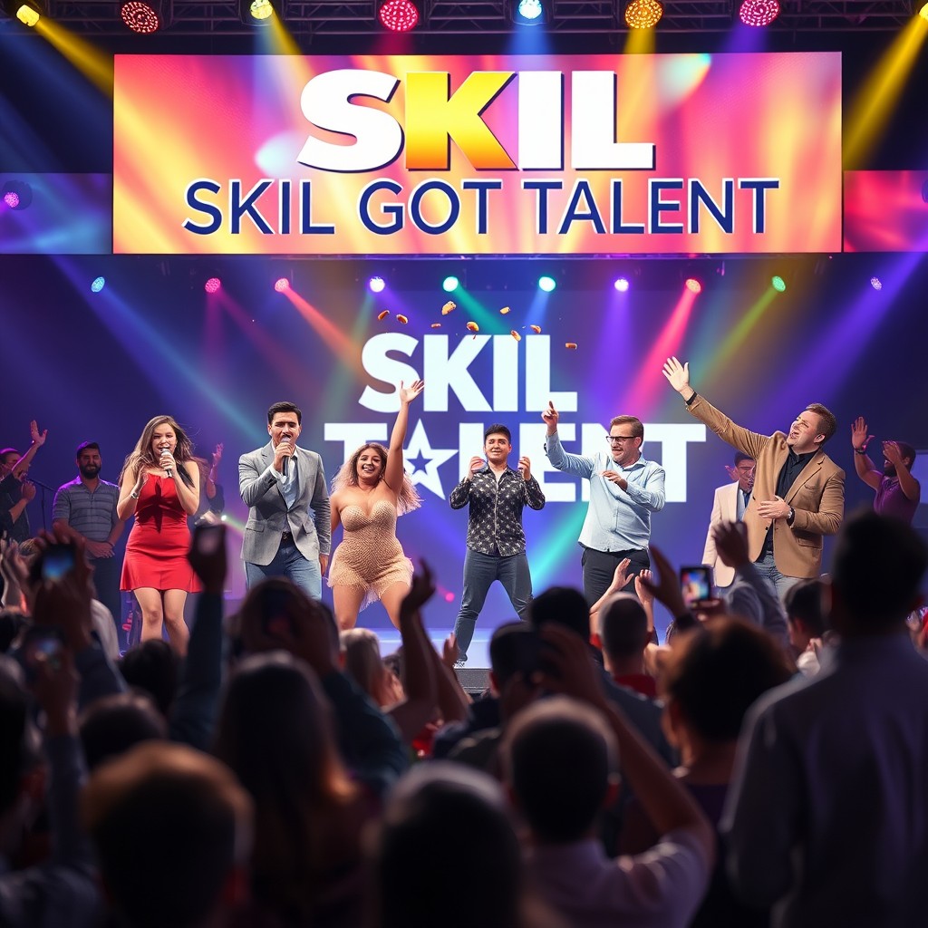 A vibrant and energetic scene of a talent show titled 'SKIL GOT TALENT'