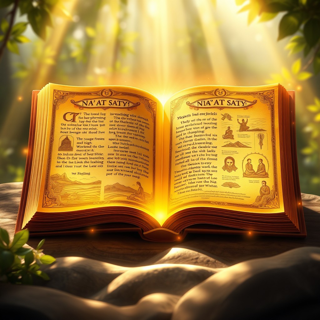 A beautiful and mystical depiction of the 'Na'at Satya', a sacred book symbolizing the living truth