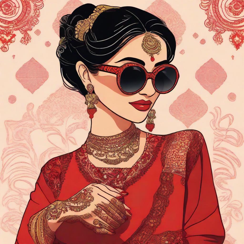 Animated depiction of a South Asian (Desi) girl wearing a vibrant red lehenga and black sunglasses, in the process of having intricate mehndi applied to her hands.