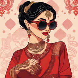 Animated depiction of a South Asian (Desi) girl wearing a vibrant red lehenga and black sunglasses, in the process of having intricate mehndi applied to her hands.