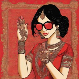 Animated depiction of a South Asian (Desi) girl wearing a vibrant red lehenga and black sunglasses, in the process of having intricate mehndi applied to her hands.