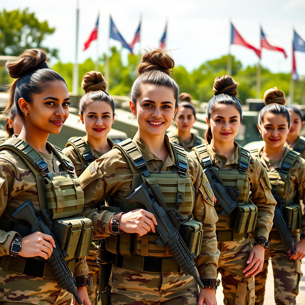A group of strong and confident female soldiers in a military setting, wearing modern tactical gear with their hair styled in practical updos