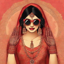 Animated depiction of a South Asian (Desi) girl wearing a vibrant red lehenga and black sunglasses, in the process of having intricate mehndi applied to her hands.