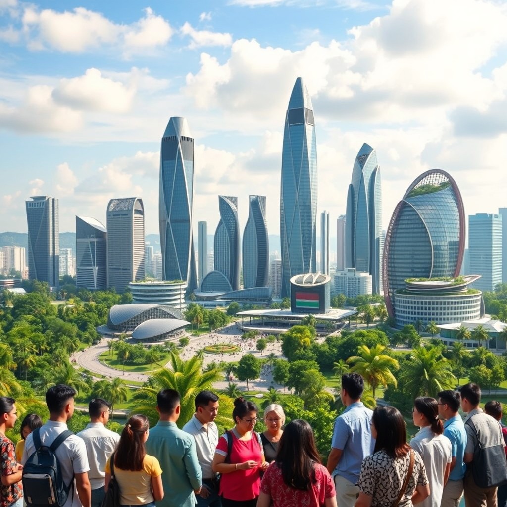 A captivating image depicting the futuristic skyline of Indonesia's new capital city, Nusantara, showcasing innovative architecture and green spaces